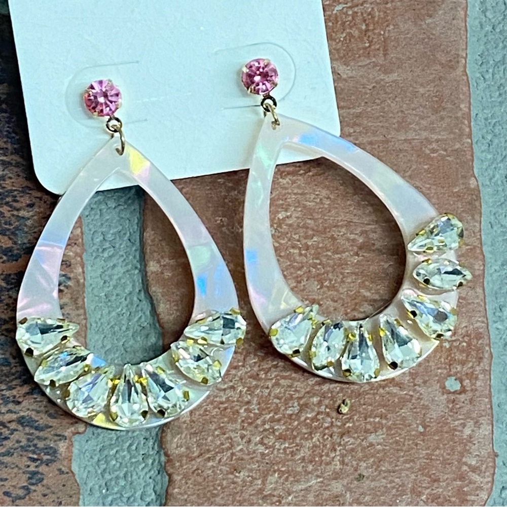 Pink Iridescent 2” Long Acrylic Teardrop Earrings With Rhinestones